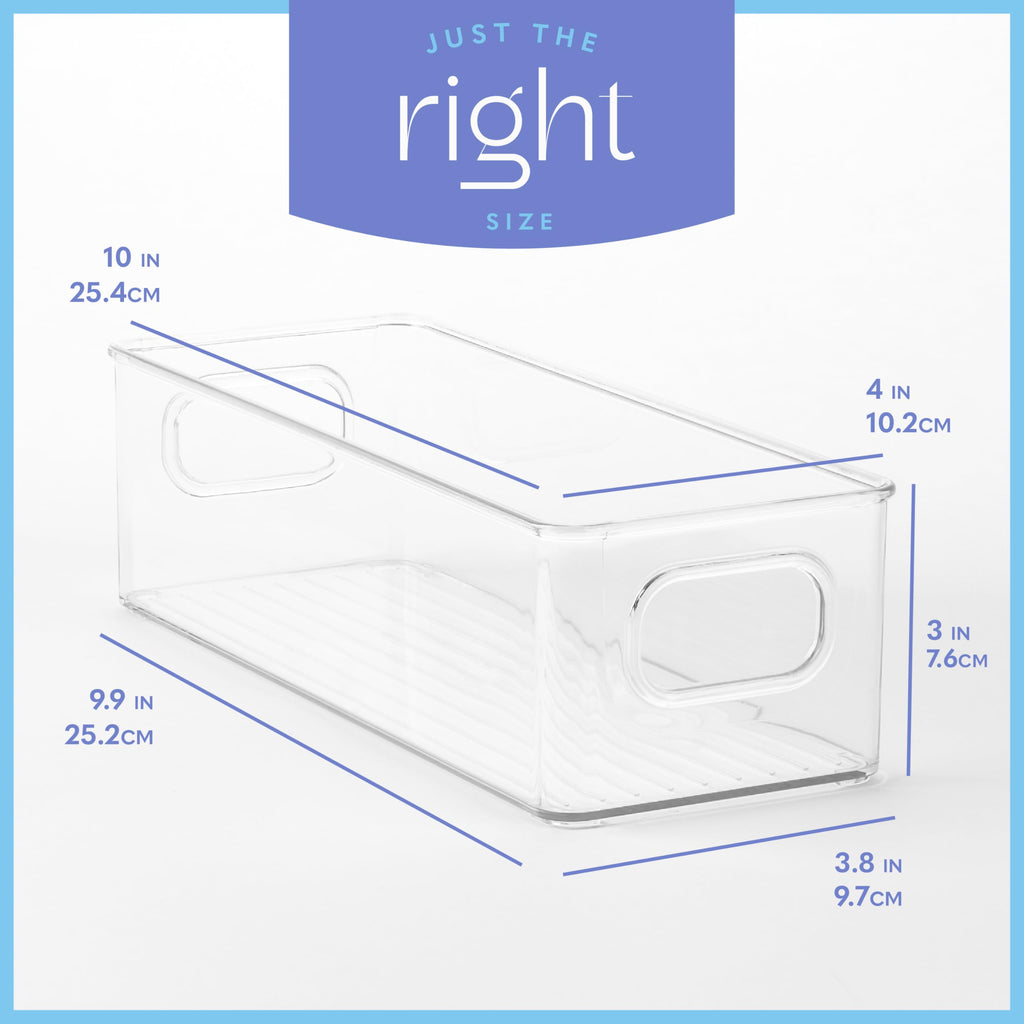 Plastic Food Storage Clear Container 2 Pack Bin with Handles for Organizing Kitchen, Pantry, Refrigerator, Freezer, Pantry, Cabinet, Closet, Bathroom. Stackable 10”x4”x3”