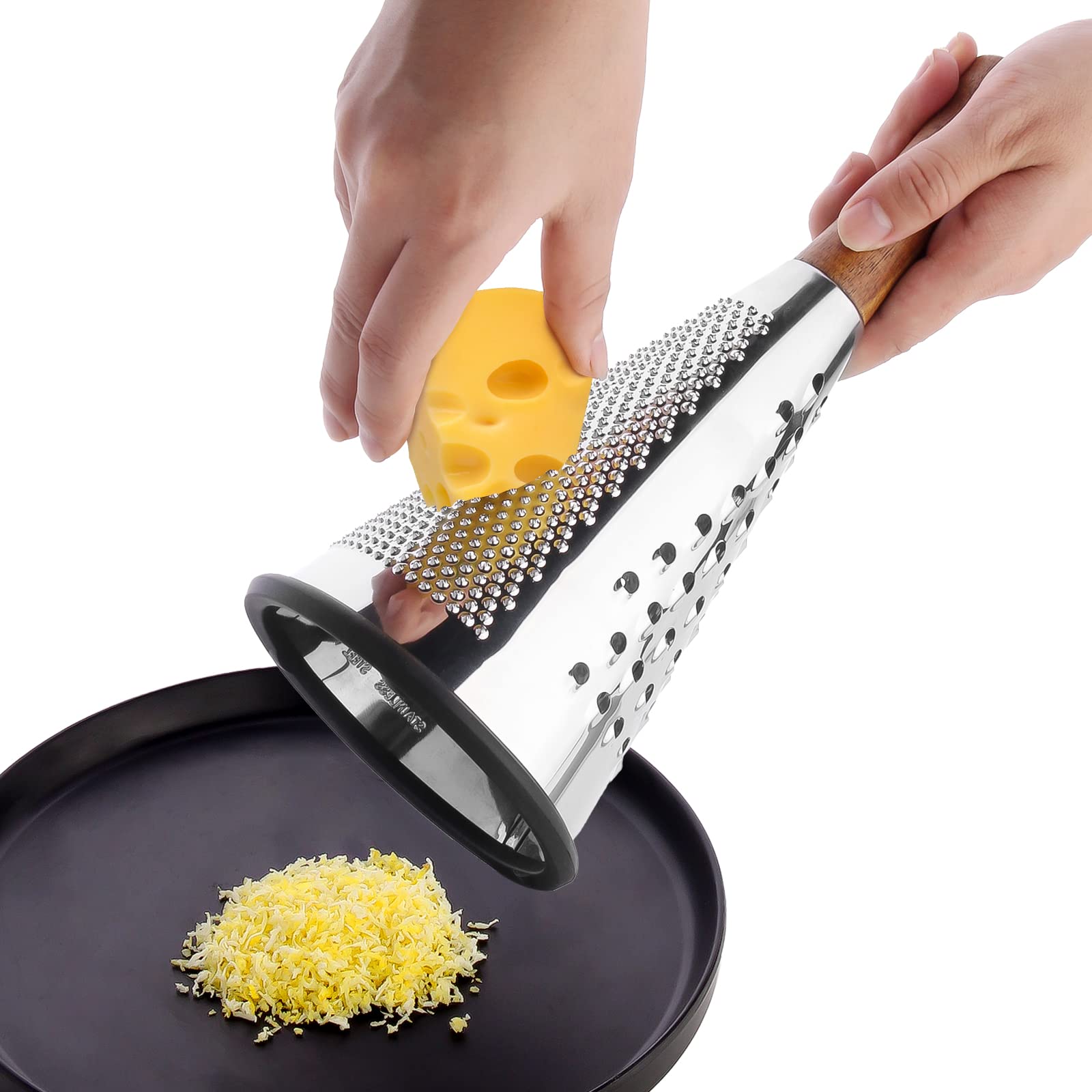 Cone Cheese Grater with Handle Stainless Steel Triple Function Wood Handle Parmesan Shaver Non-Slip Rubber Bottom Hand Held Multifunction Vegetables Cheese Grater with container (L: 10.6" X 4.7")