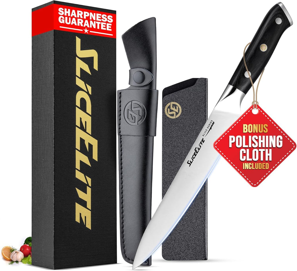 SliceElite Slice Series 8 Inch Carving Knife High Carbon German Stainless Steel Pakkawood Handle Brisket Slicer Chopper BBQ Chef Sharp Fruit Vegetable Butcher Kitchen Cutting Meat Tool Gift Precision