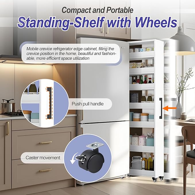 7-Tier Slim Storage Cart, Wooden Rolling Pantry Cabinet with Wheels, Narrow Shelf Organizer for Kitchen, Bakers Rack, Dining Room, Closet, Small Spaces Warm White 73.2‘’H*5.9''W*19.6''D