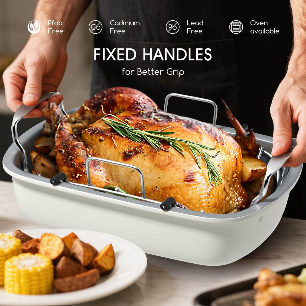 Turkey Roasting Pan, 17x13 Inch Nonstick Turkey Roaster Pan, Cream&Silver
