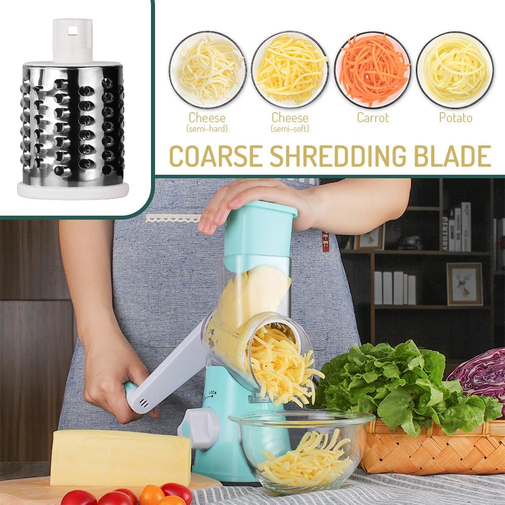 Maxceysen Rotary Cheese Grater with Handle Vegetable Shredder Round Kitchen Slicer Mandoline Grater for Vegetable, Nuts, Chocolate, Cheese, White, 3 Stainless Steel Blades