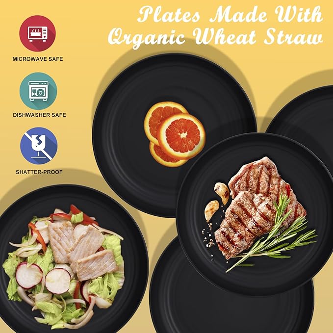 Wrova Wheat Straw Plates - 8 Inch Unbreakable Dinner Plates Set of 8 - Dishwasher & Microwave Safe Plastic Plates Reusable - Lightweight Plates for kitchen,R.V (pure black)