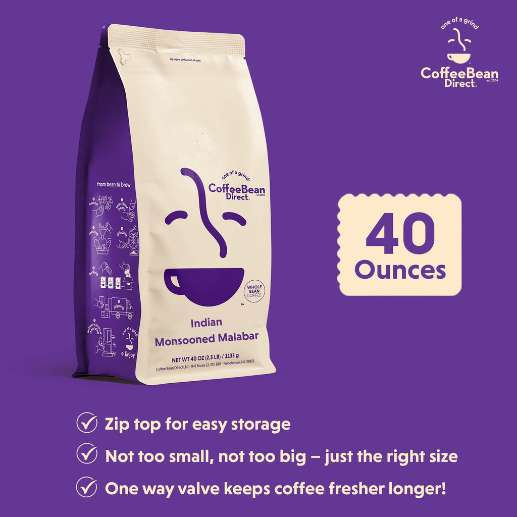 Coffee Bean Direct Indian Monsooned Malabar, Whole Bean, 2.5lb Bag