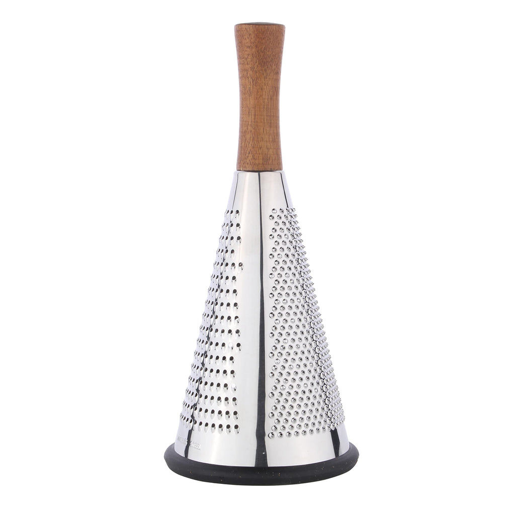 Cone Cheese Grater with Handle Stainless Steel Triple Function Wood Handle Parmesan Shaver Non-Slip Rubber Bottom Hand Held Multifunction Vegetables Cheese Grater with container (L: 10.6" X 4.7")