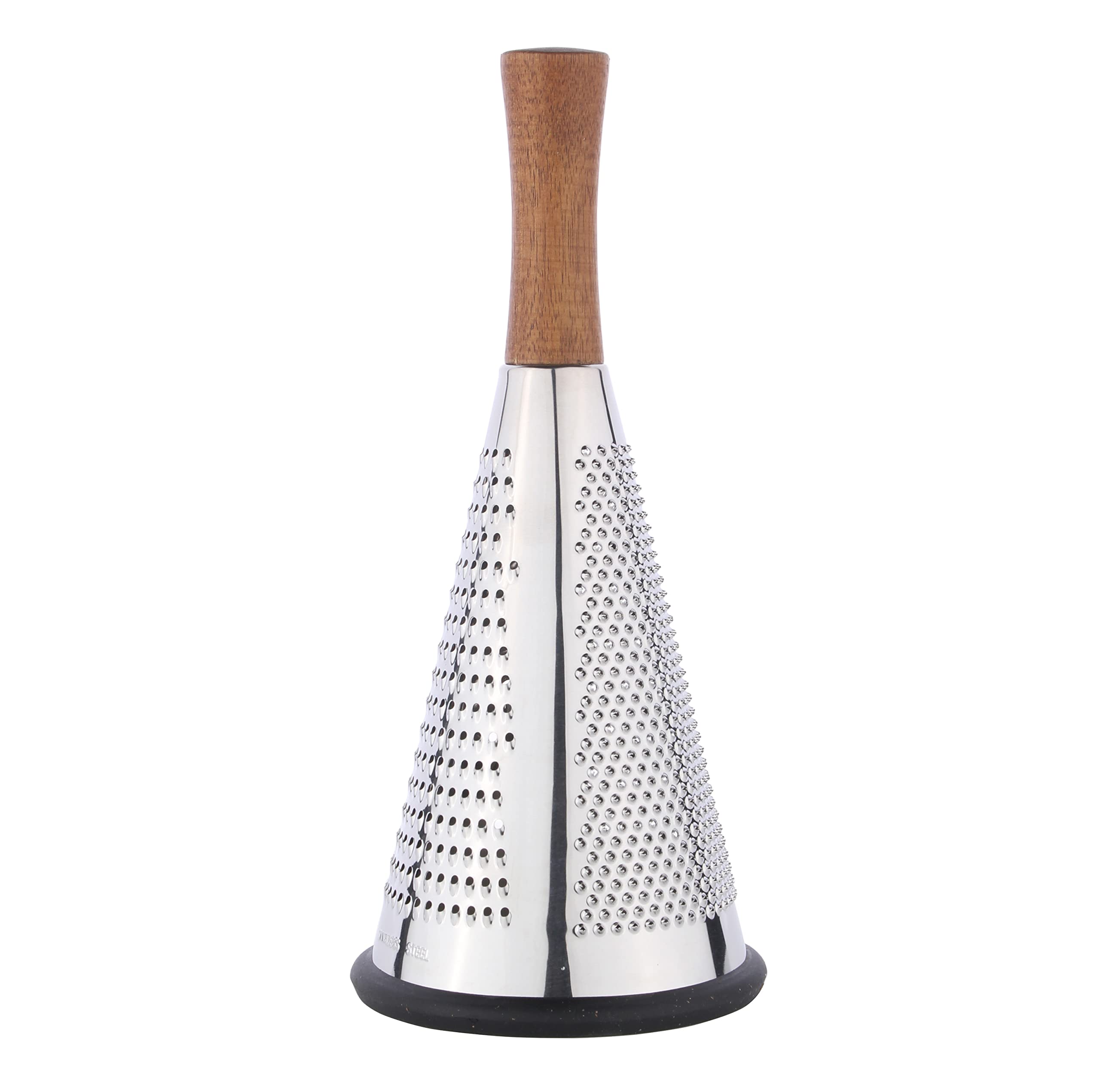 Cone Cheese Grater with Handle Stainless Steel Triple Function Wood Handle Parmesan Shaver Non-Slip Rubber Bottom Hand Held Multifunction Vegetables Cheese Grater with container (L: 10.6" X 4.7")