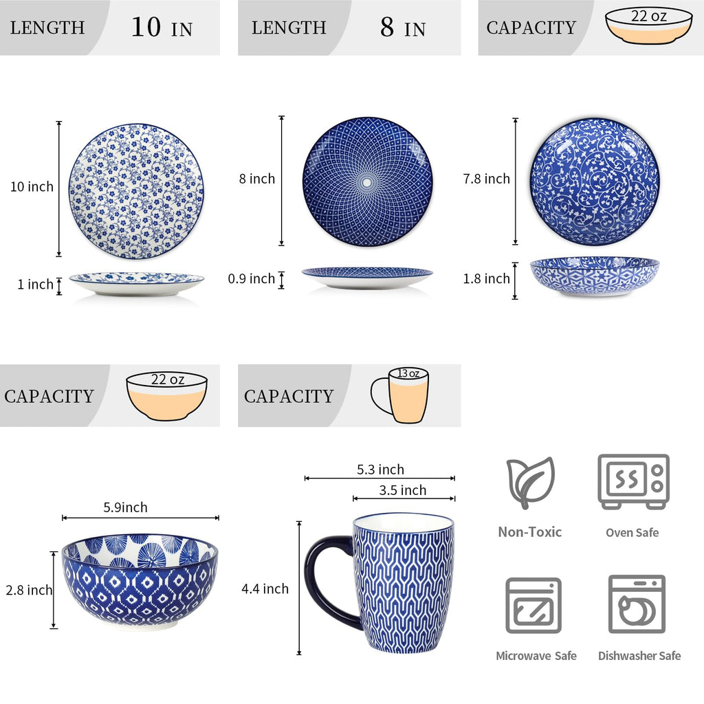 Selamica 30-Pieces Ceramic Dinnerware Sets for 6, Scratch Resistant Plates and Bowls Sets, Microwave and Dishwasher Safe, Vintage Blue A