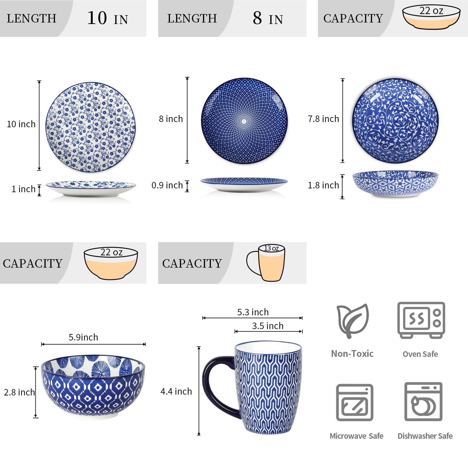 Selamica 30-Pieces Ceramic Dinnerware Sets for 6, Scratch Resistant Plates and Bowls Sets, Microwave and Dishwasher Safe, Vintage Blue A
