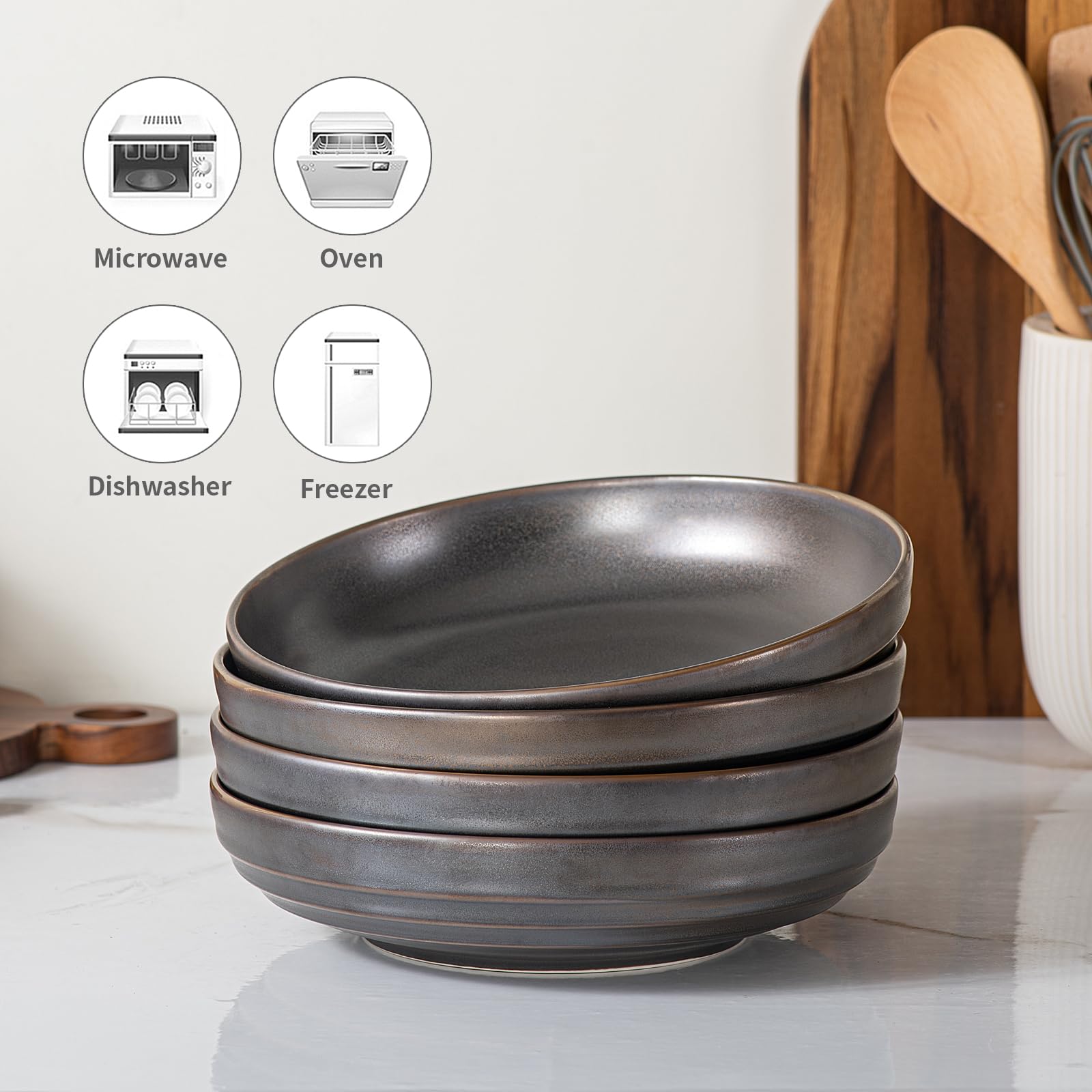 HAPPY KIT Stoneware 9'' Pasta Bowls 42oz Set of 4, Bronze Gray