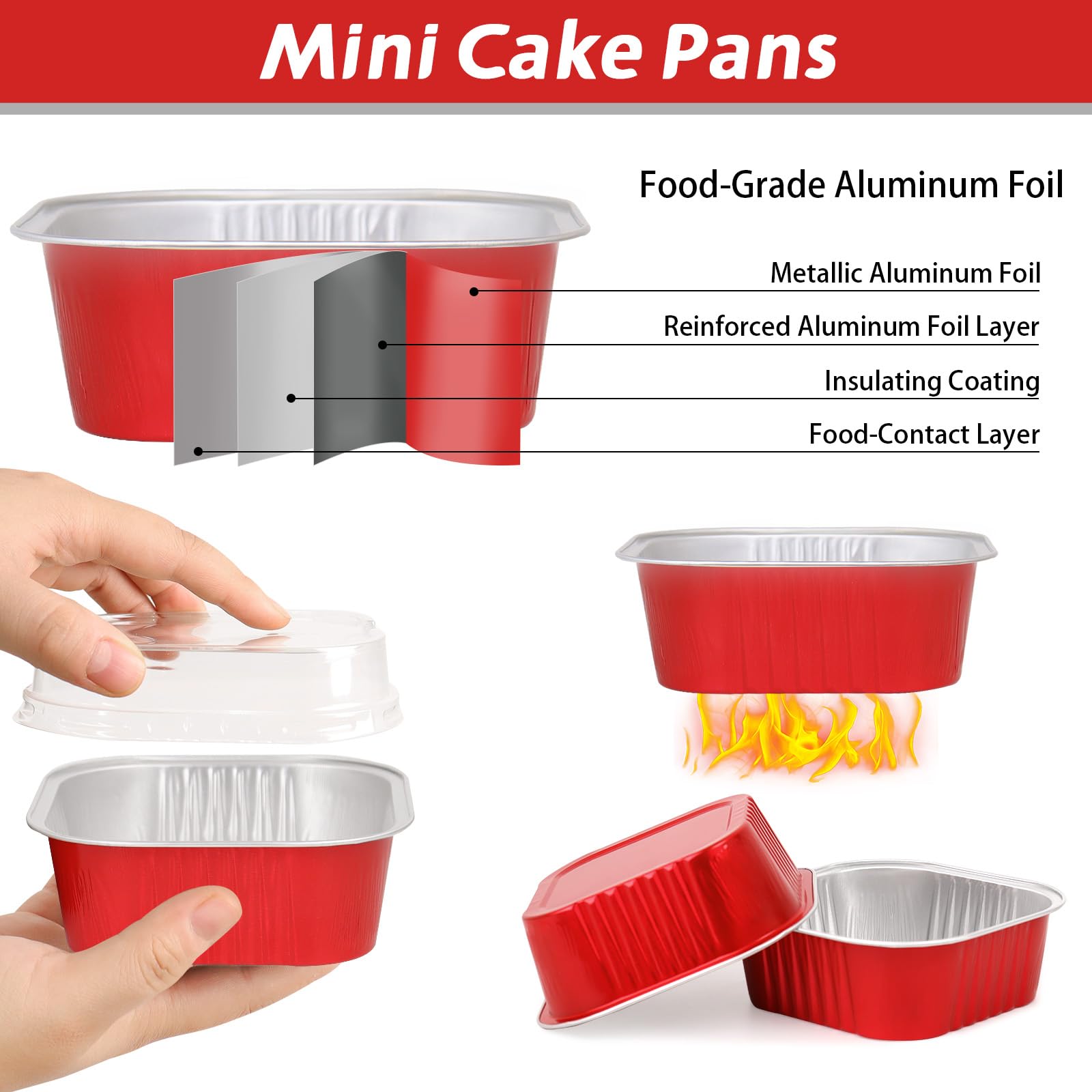 200 Pack 10 oz Square Mini Cake Pans with Lids, Disposable Aluminum Foil Baking Cups for Brownies, Cupcakes, Cheesecake & Catering (Red)