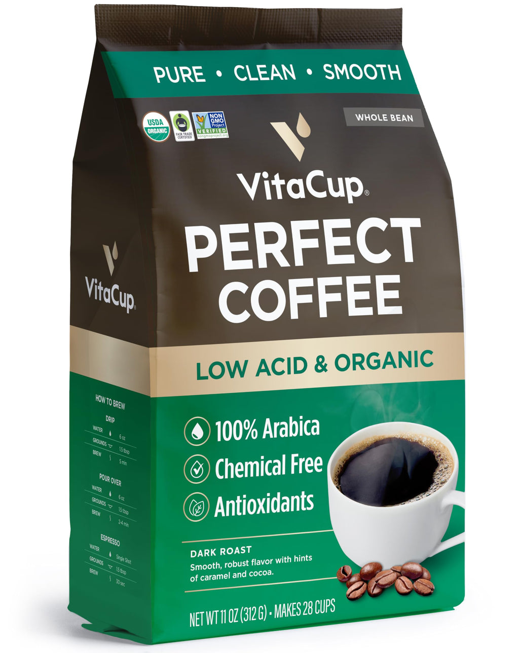 VitaCup Perfect Low Acid USDA Organic Coffee Beans, Fair Trade, 11oz