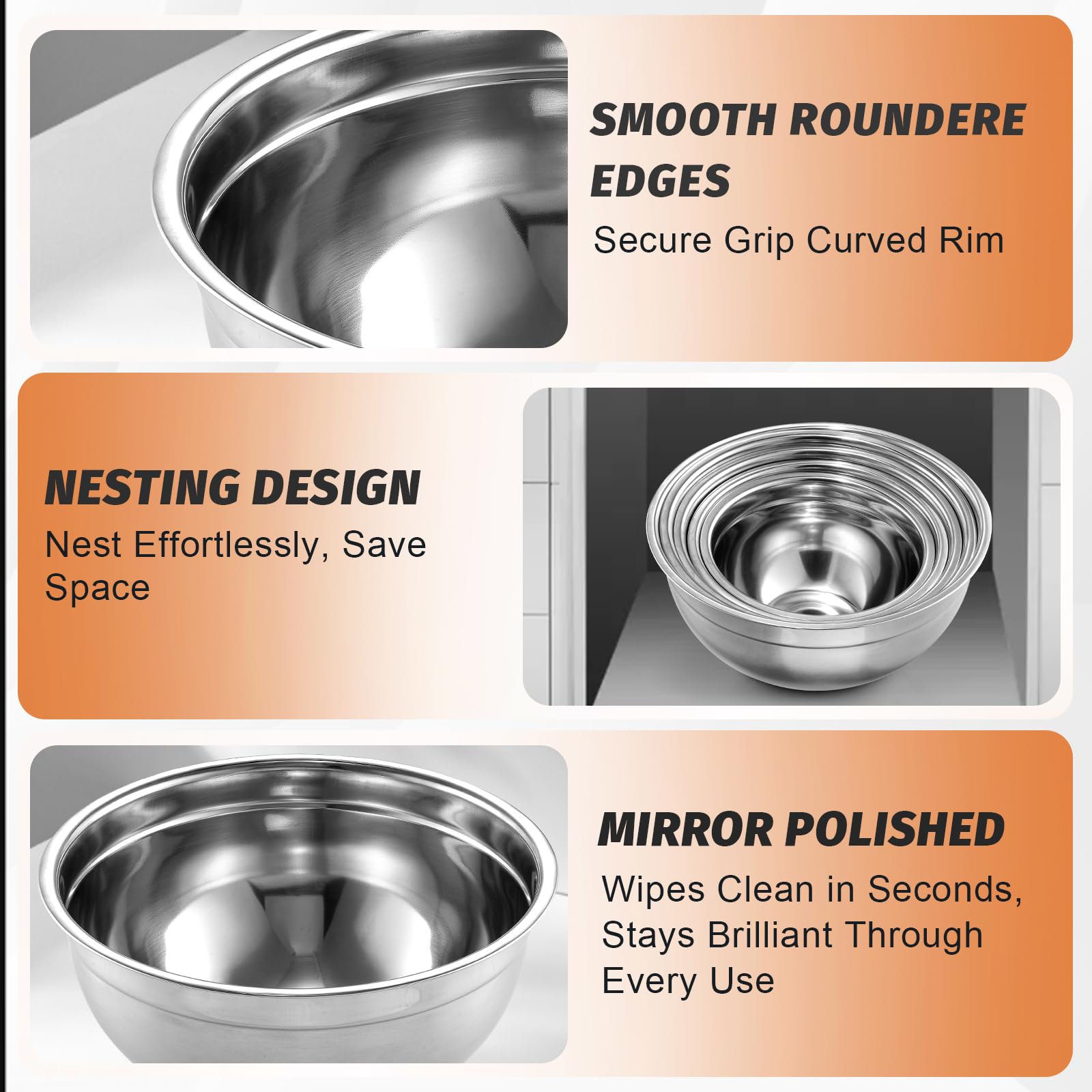 BEWOS Mixing Bowls with Lids Set - 5 Pcs Stainless Steel Mixing Bowls With 3 Grater Attachments, Size 4.5, 4, 3.5, 2.1, 1.5QT Metal Bowls for Baking and Serving (Black)