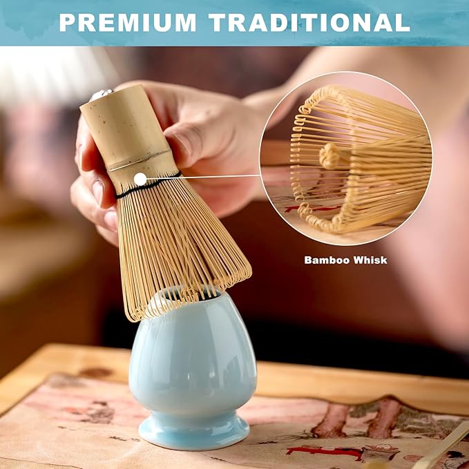 Matcha Whisk Set,Includes Ceramic Matcha Bowl, Bamboo Matcha Whisk and Holder, Bamboo Scoop and Spoon, Scoop Rest, Sifter and Tea Towel,Traditional Japanese Matcha Tea Ceremony Set Gift(Blue)