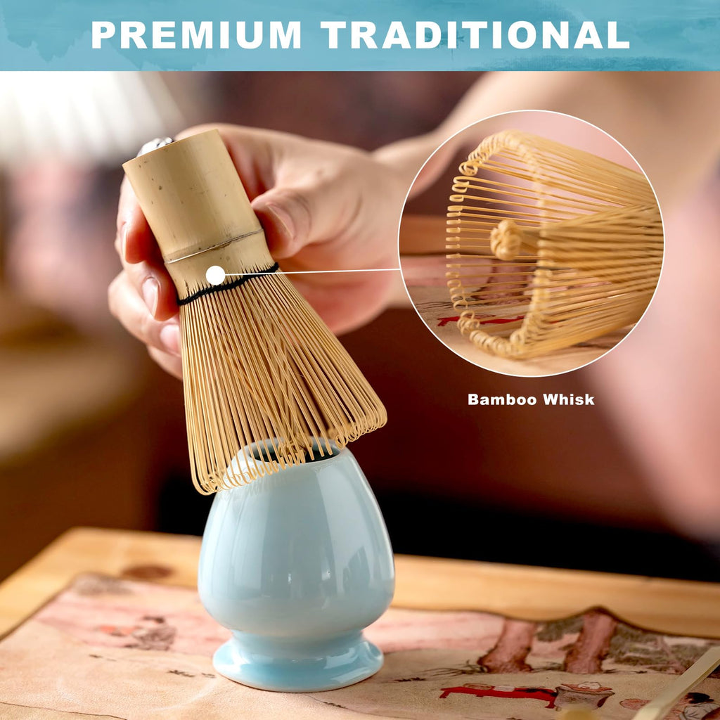 8-Piece Traditional Matcha Tea Set with Spouted Ceramic Bowl, Bamboo Whisk and Holder, Complete Japanese Matcha Kit for Home Latte Preparation, Includes Sifter and Scoop Rest, Premium Gift Box(Blue)