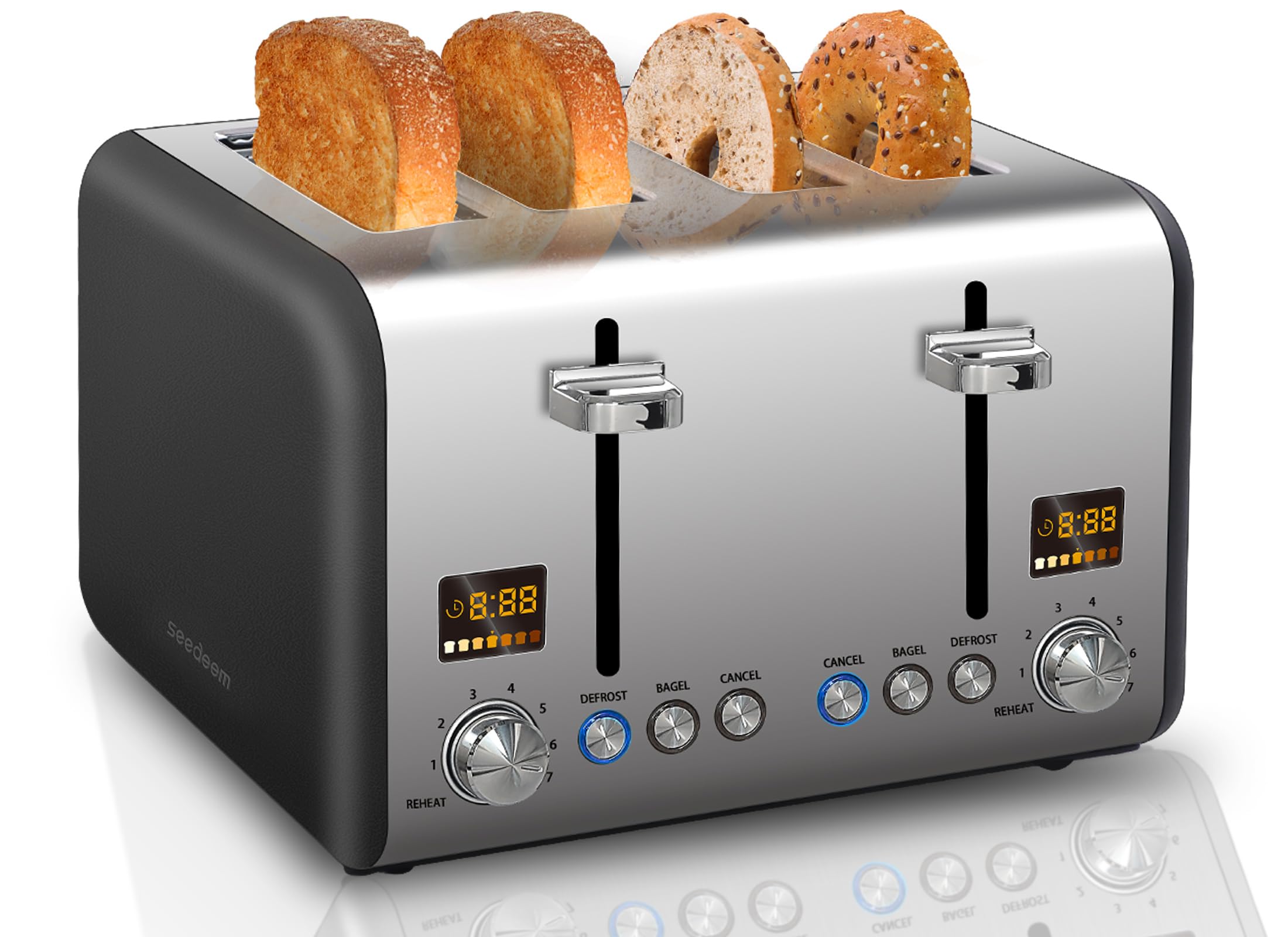 SEEDEEM 4 Slice Stainless Steel Toaster, LCD Display, Wide Slots