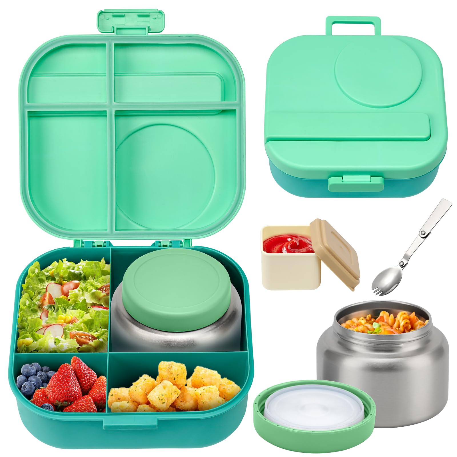 BOSEDSANG Bento Lunch Box with 12oz Soup Thermo,4 Compartments Lunch Box Containers, Spoon&Sauce Jar, BPA Free&Leak proof,Insulated Food Jar for Travel (Green)