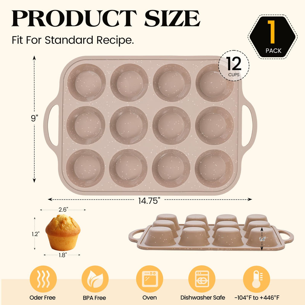 Vinino Silicone Muffin Pans for Baking with Metal Reinforced Frame, 12 Cups Regular Size Nonstick Brown Silicone Cupcake Pan, BPA Free Oven Dishwasher Safe Baking Mold for Muffins Cupcakes