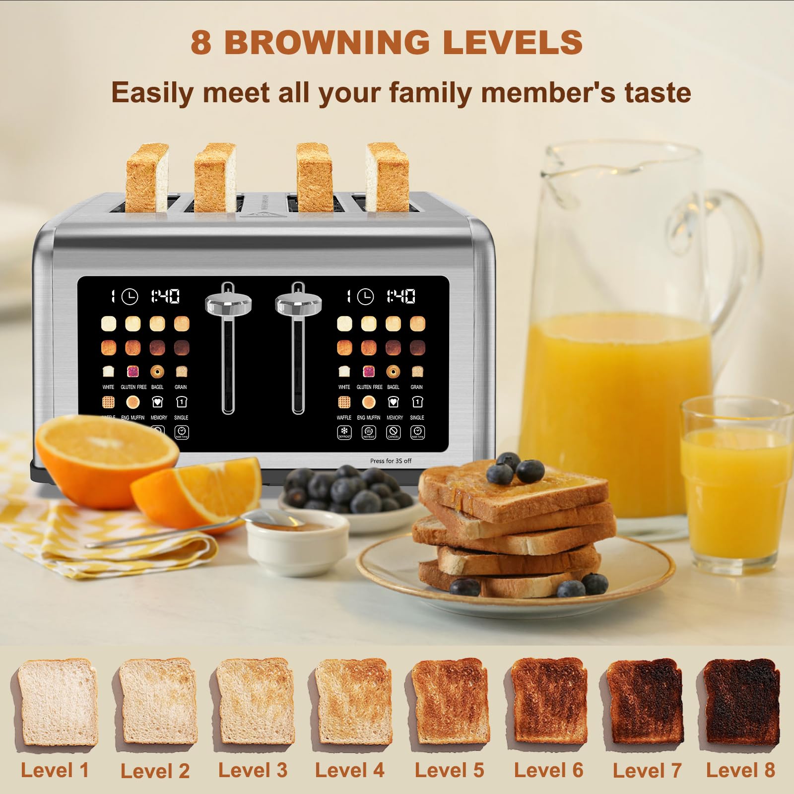 4 Slice Toaster Touch Screen, Stainless Steel Toasters Digital Timer, Dual Control Panel Toasters, 8 Shade Settings 6 Bread Types for Bagel, Cancel, Defrost 1650W Silver