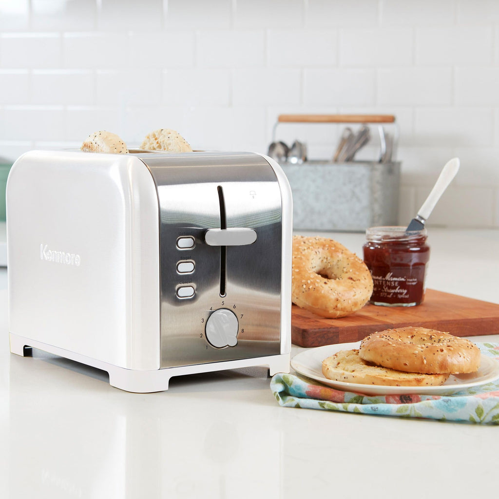 Kenmore 2-Slice Toaster, White Stainless Steel, Extra Wide Slots, Bagel and Defrost Functions, 9 Browning Levels, Removable Crumb Tray, for Bread, Toast, English Muffin, Toaster Strudel