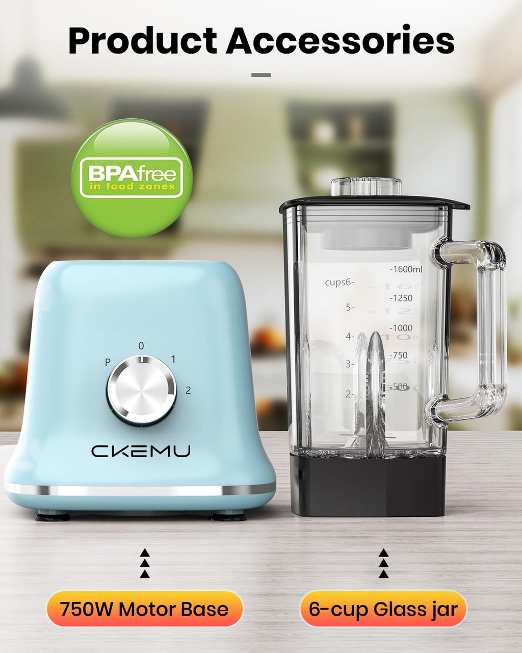 CKEMU Professional Blender For Smoothies, 58 Oz Glass Jar, Glass Blender Including Puree & Crush Ice Functions, 750 Watts, B02 (Blue)
