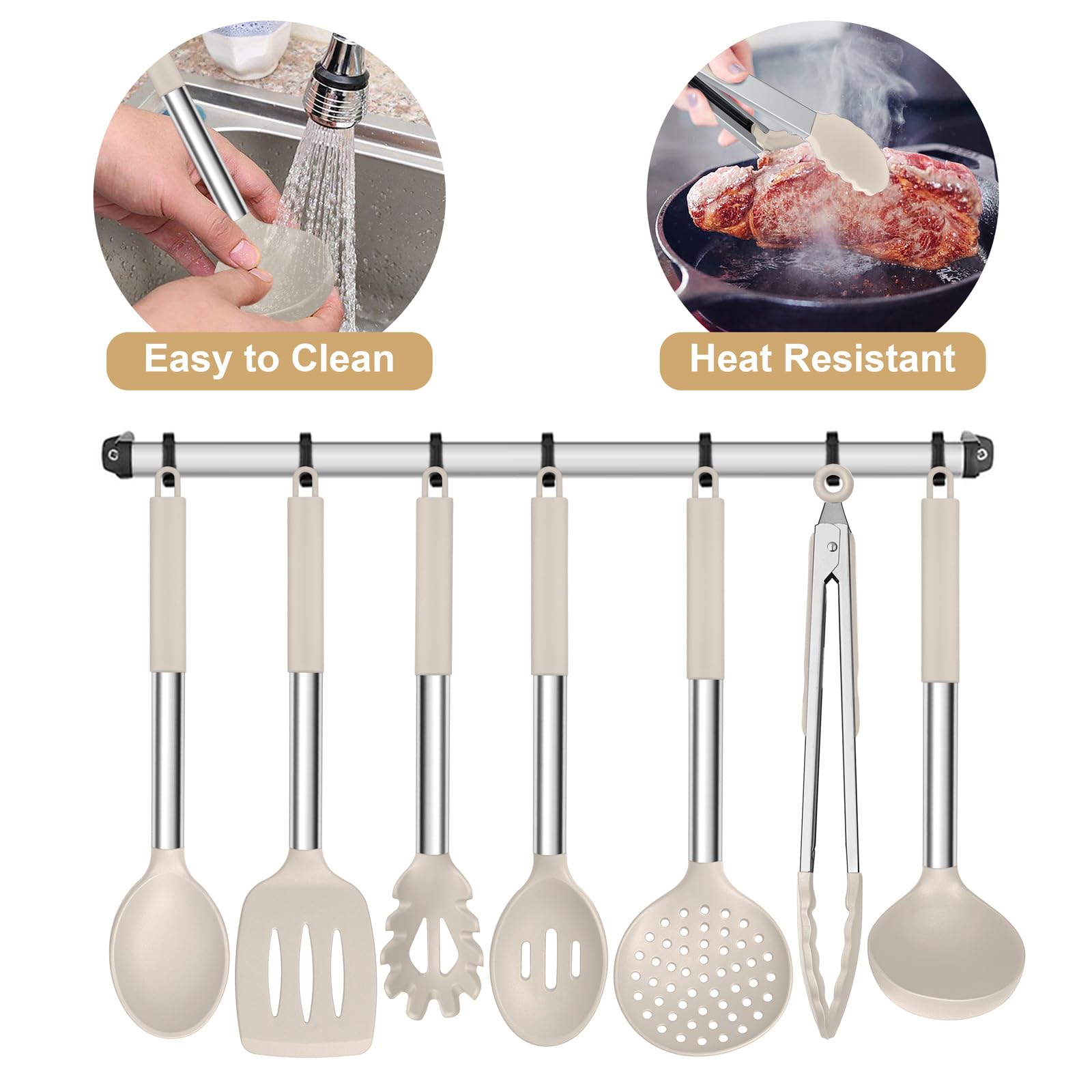 E-far Silicone Cooking Utensils Set, 7 Pcs Heat Resistant Kitchen Utensils with Stainless Steel Handle, Slotted Turner, Spoon, Soup Ladle, Pasta Server, Skimmer, Tongs for Nonstick Cookware, Khaki