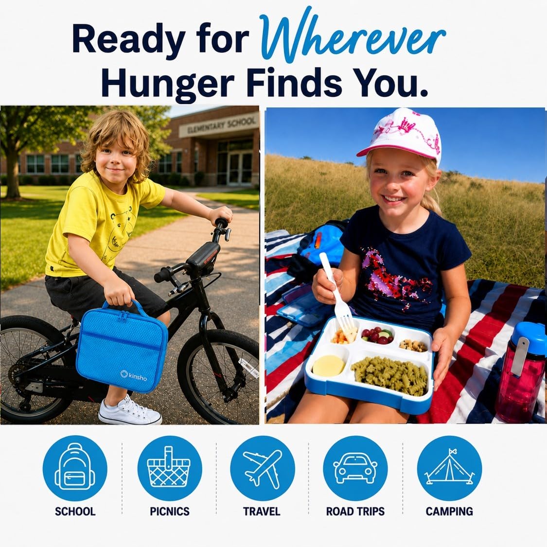 kinsho Bento Lunch Box, Ice Pack Insulated Bag for Kids, Boys, Teens, Blue