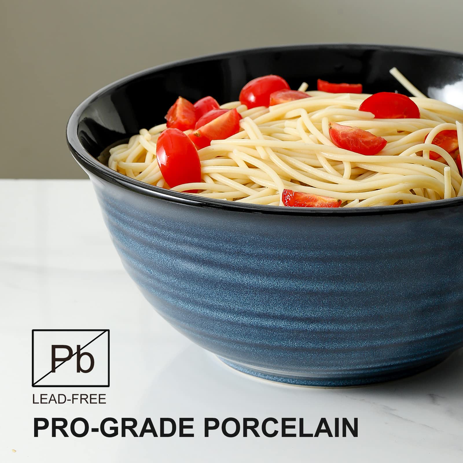 HASENSE Large Serving Bowls, 9 Inch Ceramic Salad Bowls, 84 oz Serving Dishes for Entertaining, Deep Bowl Set Perfect for Soup Pasta Pho Popcorn Fruit, Dishwasher Microwave Safe, Set of 2, Navy Blue