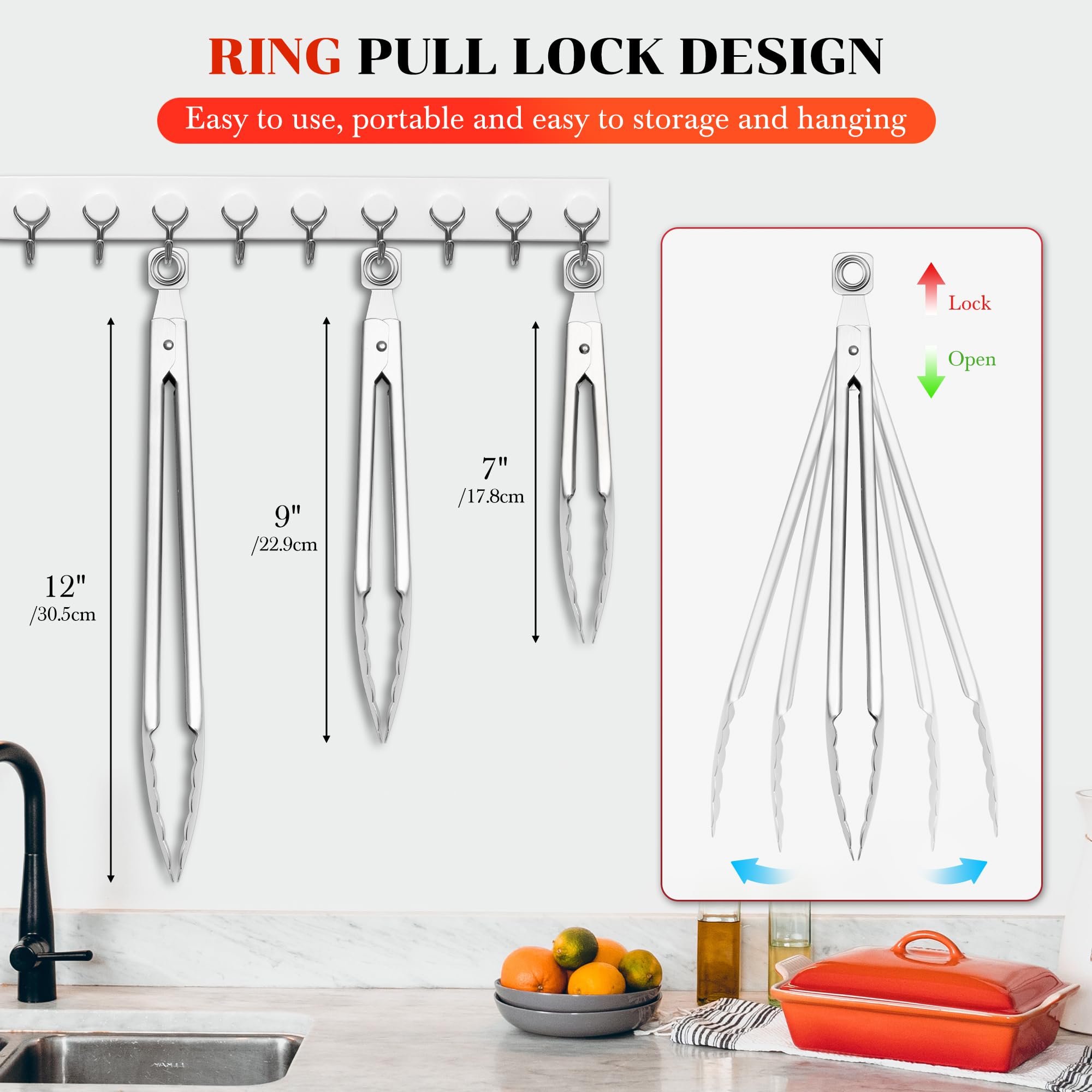 7/9/12 Inch Kitchen Tongs for Cooking, Heat Resistant Stainless Steel Tongs