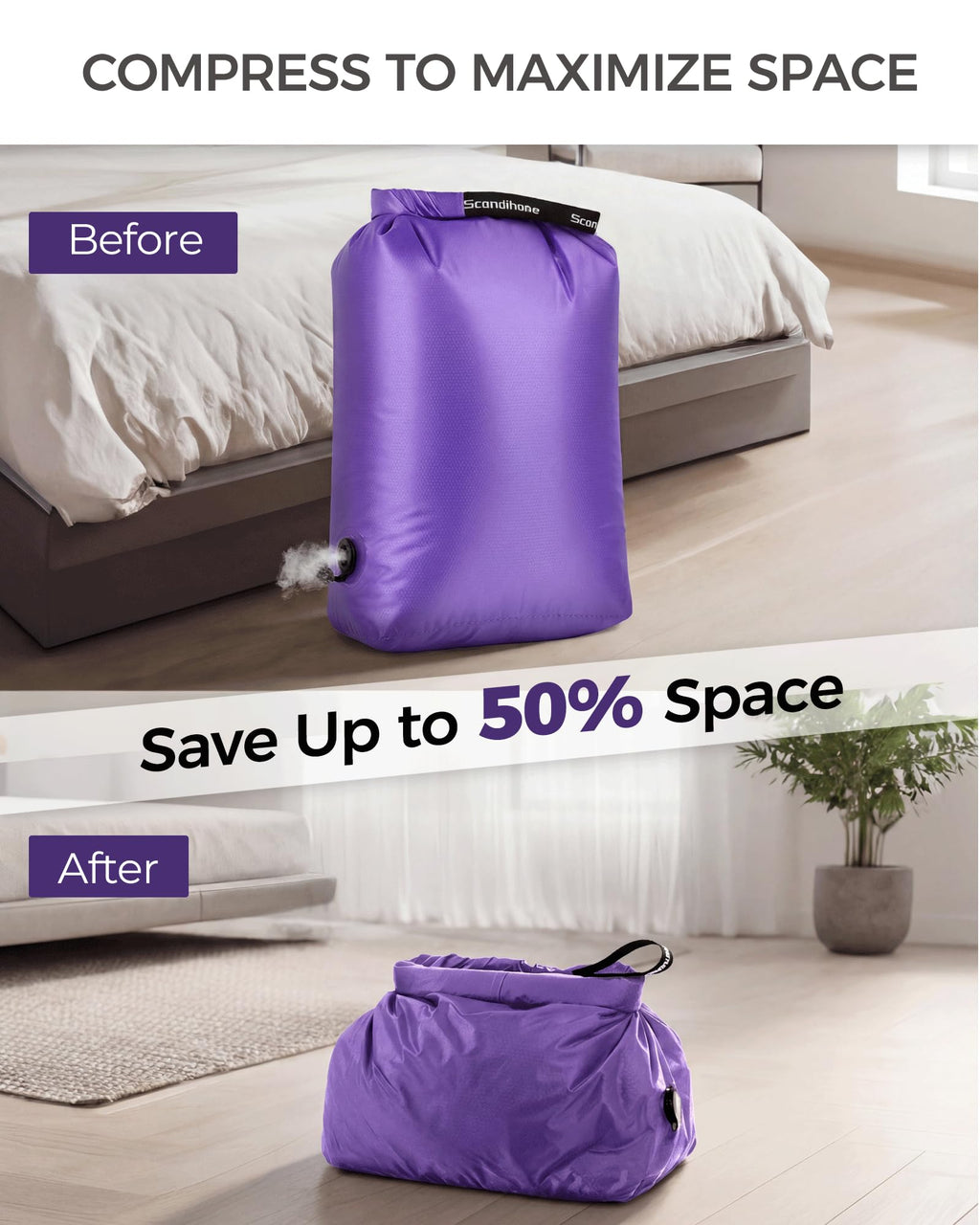 Compression Travel Laundry Bag for Dirty Clothes, Pump-Free Laundry Bag for Suitcase & Dorm, Waterproof Wet Dry Clothes Organizer, Large Capacity Space Saving Travel Bag (1 Pcs)(Purple, M)