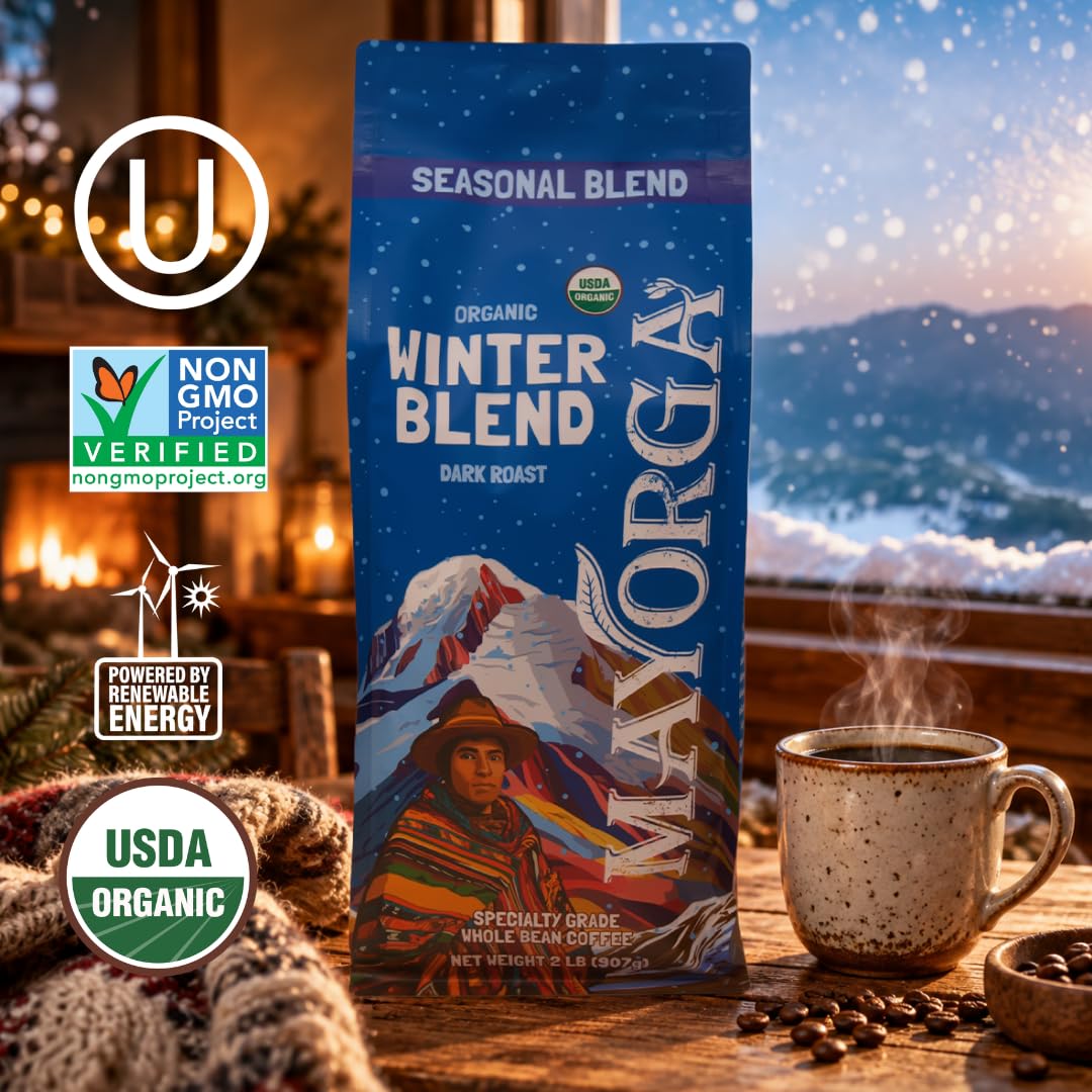 Mayorga Seasonal Dark Roast Coffee, 2 lb bag - Winter Blend Coffee Roast - 100% Arabica Whole Coffee Beans - Bold & Smooth Organic Coffee - Specialty Grade, Non-GMO, Direct Trade, Kosher