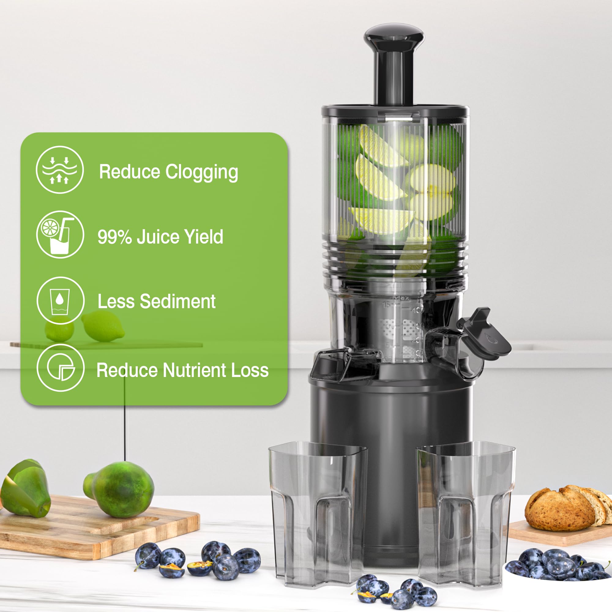 Cold Press Juicer – 6.5" Extra Large Feed Chute Fit Hands-Free Electric Masticating Juicer Machine, 350W Slow Masticating Juicer Machine for Whole Fruit and Vegetables – Easy Cleanup & Assembly.