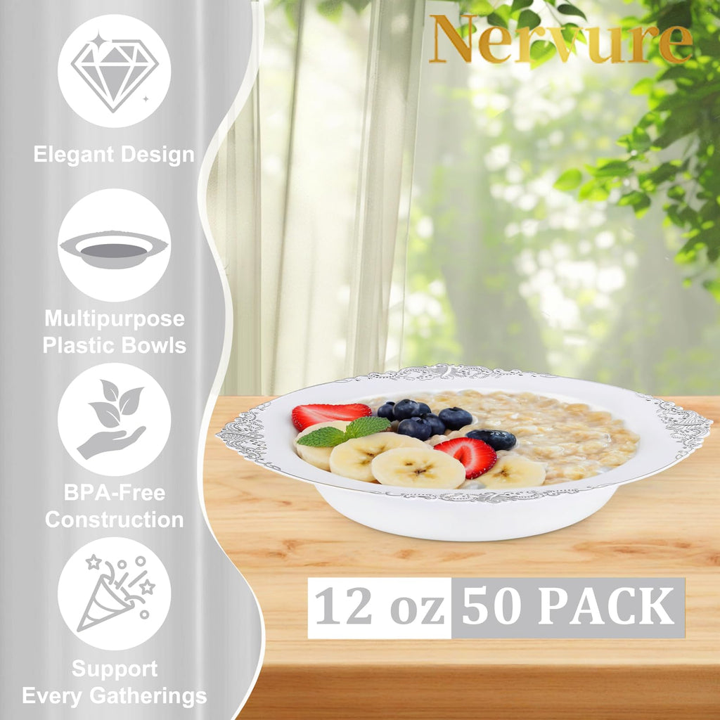 Nervure 50PCS White Plastic Bowls with Silver Rim 12oz Disposable Soup Bowl