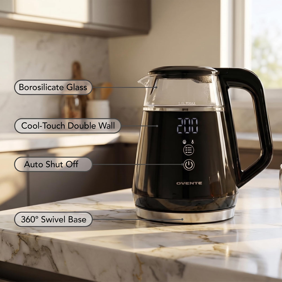 OVENTE 1L Electric Kettle with Temperature Control, 1500W, Black KD95B