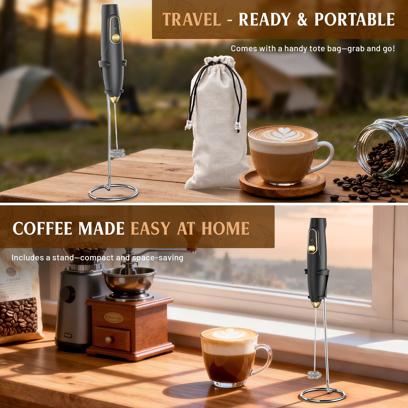 Rechargeable Milk Frother Wand with Stand, Electric Handheld Coffee Frother with 3 Detachable Whisks, Travel Milk Foamer for Protein Powder, Drinks, Espumador de Leche Electrico Black