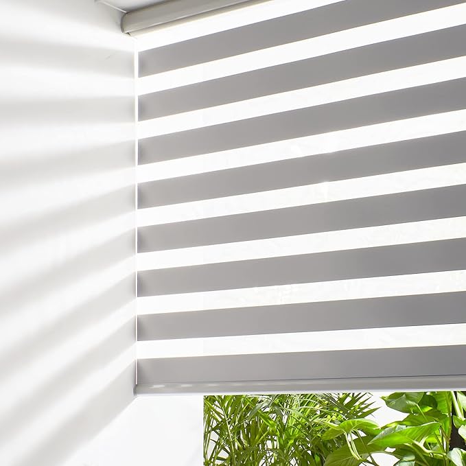 Persilux Cordless Zebra Blinds for Windows (58" W X 72" H, Grey) Free-Stop Roller Windows Shades Dual Layer Light Control for Day and Night, Light Filtering Sheer Shades for Home