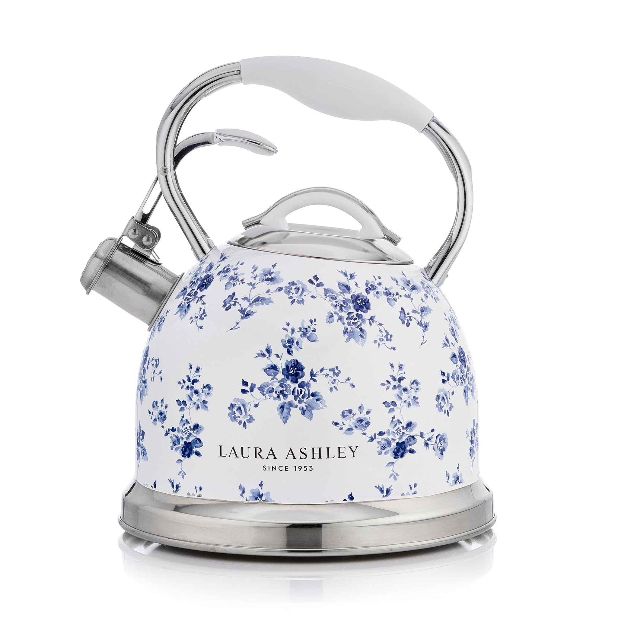 Laura Ashley China Rose Stovetop Kettle with Whistle - 2.5L Fast Boil Stainless Steel Kettle Stove Top - Silicon Coated Cool Handle Camping Kettle for Gas, Induction Hob - Compatible with Aga Stove