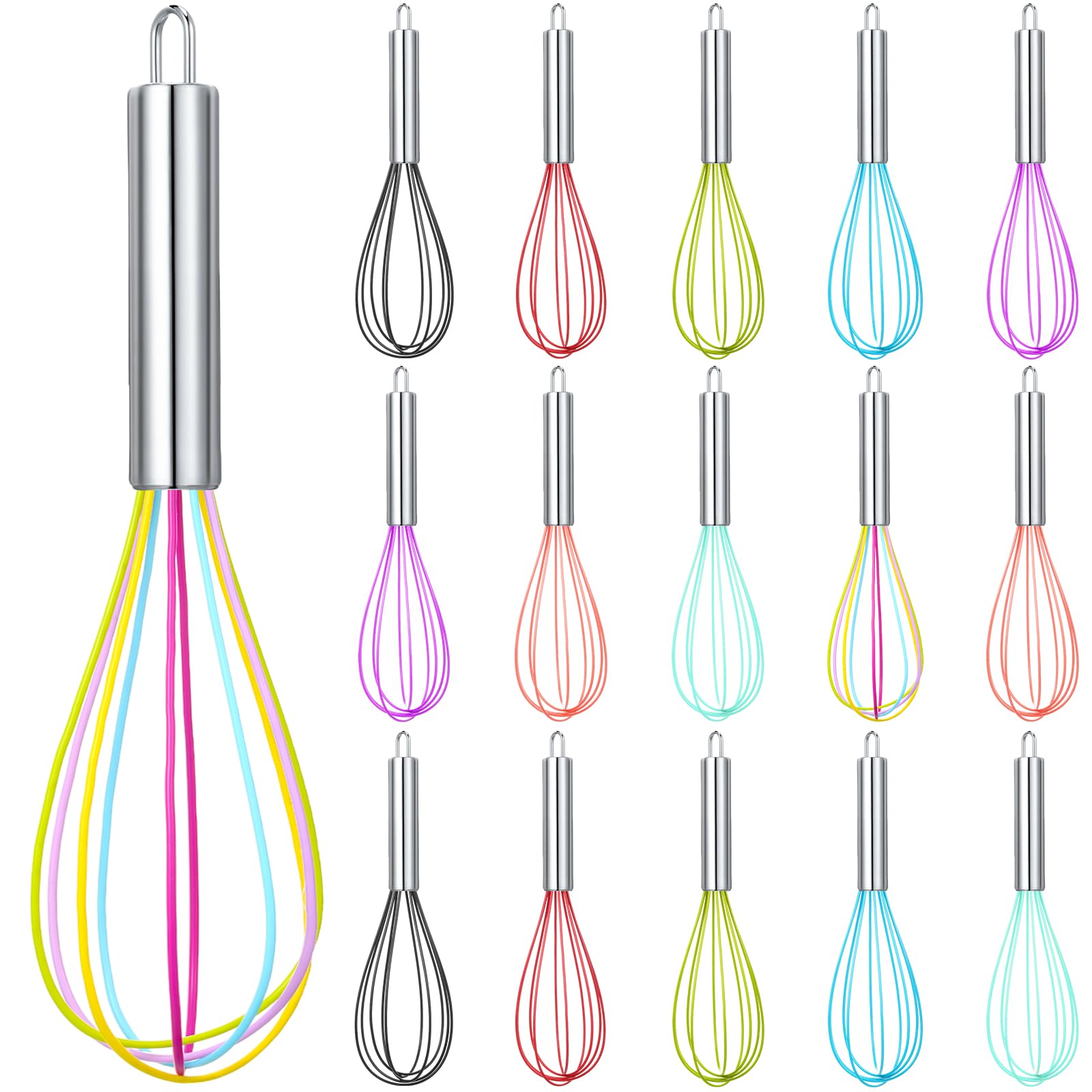 Domensi 16 Pcs 10 Inch Whisks Bulk for Cooking Silicone Whisks Non Scratch Stainless Steel Hand Coated Metal Heat Resistant Egg Beaters for Classroom Cook Party Favor Gift Supplies