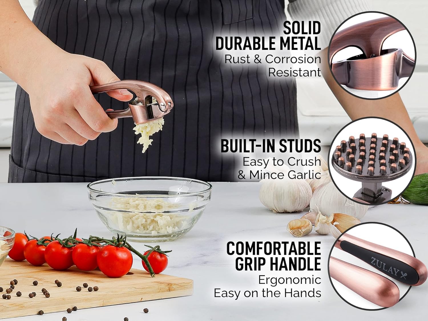 Premium Garlic Press Stainless Steel - Elevate Your Culinary Experience with Our Premium Garlic Mincer, Crusher & Peeler Set, Dishwasher Safe & Rust-proof (Bronze)