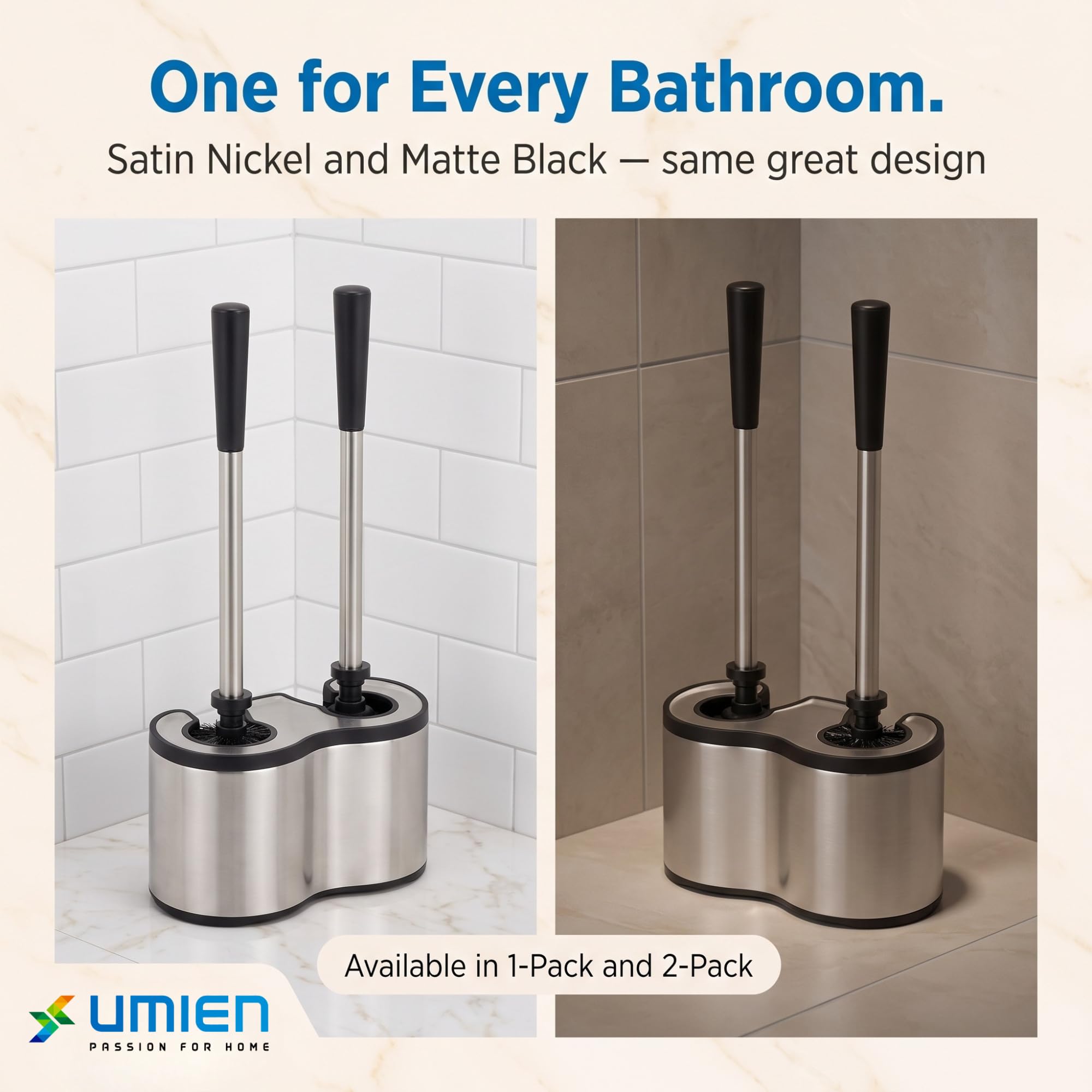 UMIEN Toilet Brush and Plunger Set, Satin Nickel, Long Handle Freestanding