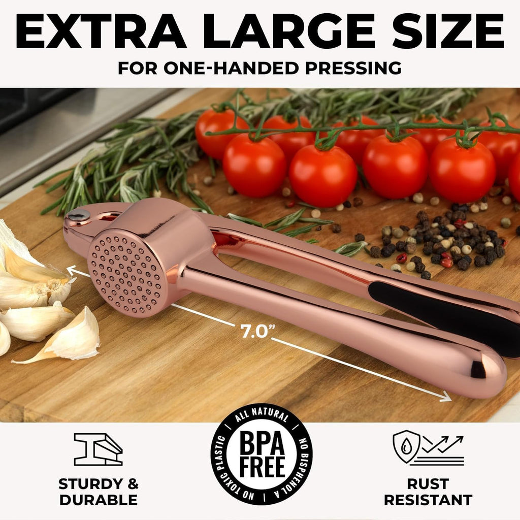 Zulay Kitchen Large Premium Garlic Press Set - Bigger Bowl for Bigger Garlic - Rust Proof Garlic Mincer Tool - Easy-Squeeze, Easy-Clean Silicone Garlic Peeler & Brush (Rose Gold)