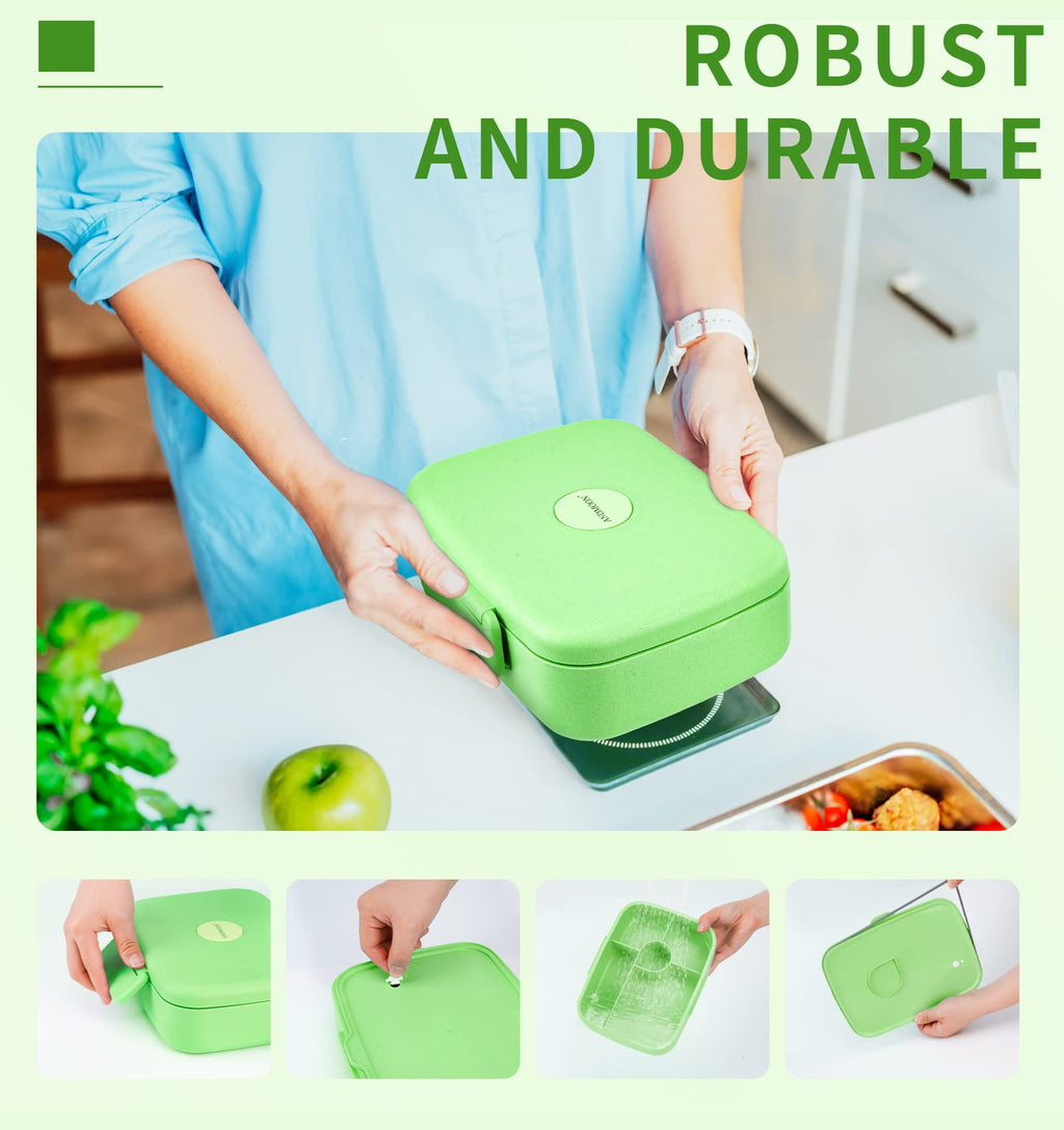 ANDMOON Bento Lunch Box with Kids/Adults, 5 Compartments Leakproof Lunch Container with Dressing Cup, Eco-Friendly Double Insulated Boxes, Dishwasher and Microwave Safe, BPA-Free (green)