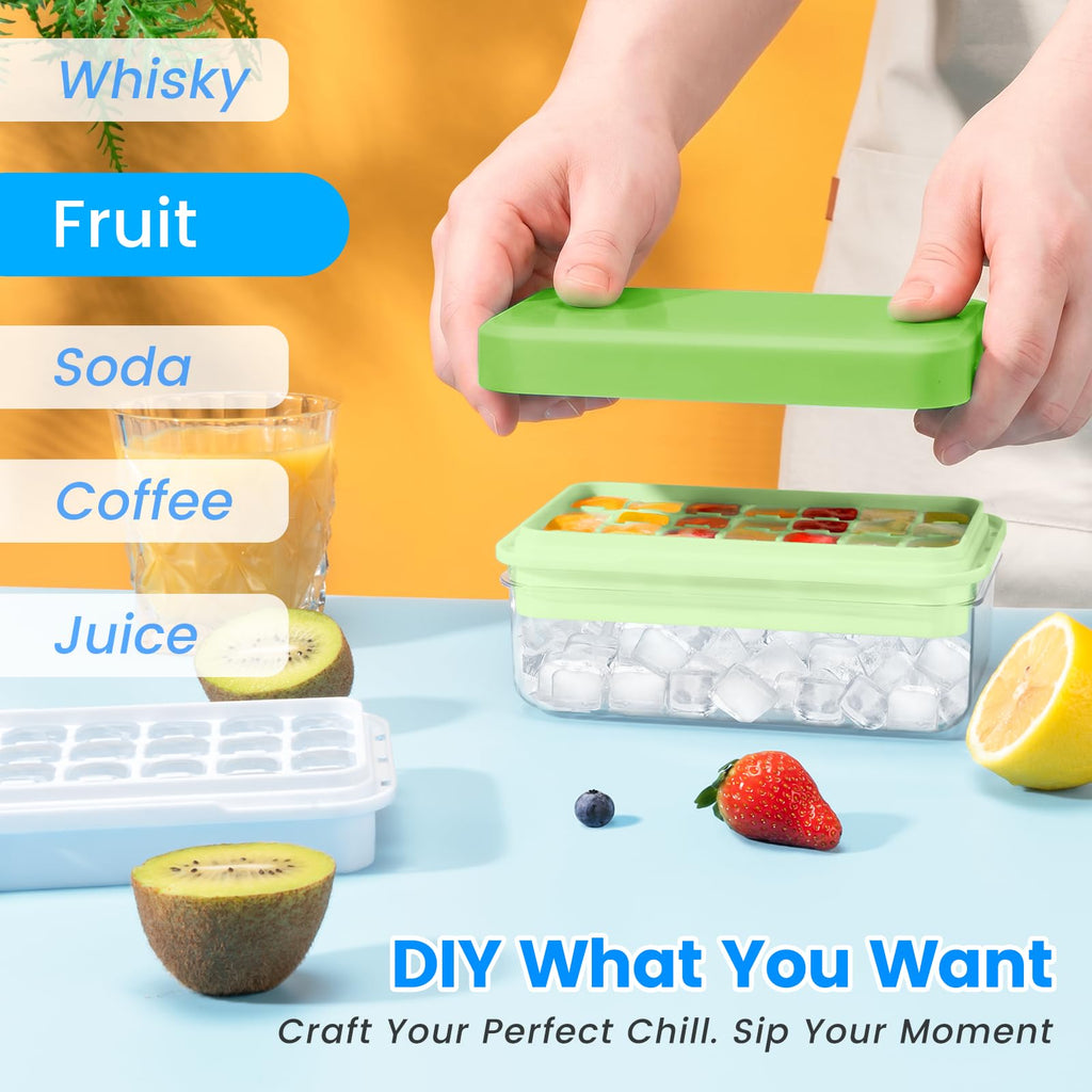 PHINOX Ice Cube Tray with Lid and Bin, Easy Release 28 Cubes for Freezer