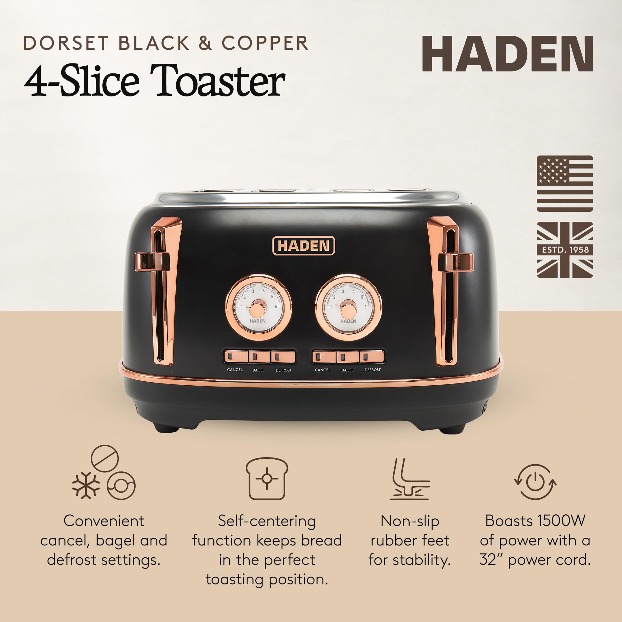 Haden Dorset 4 Slice Wide Slot Stainless Steel Toaster with Adjustable Browning Control & Non-Slip Feet, Black & Copper