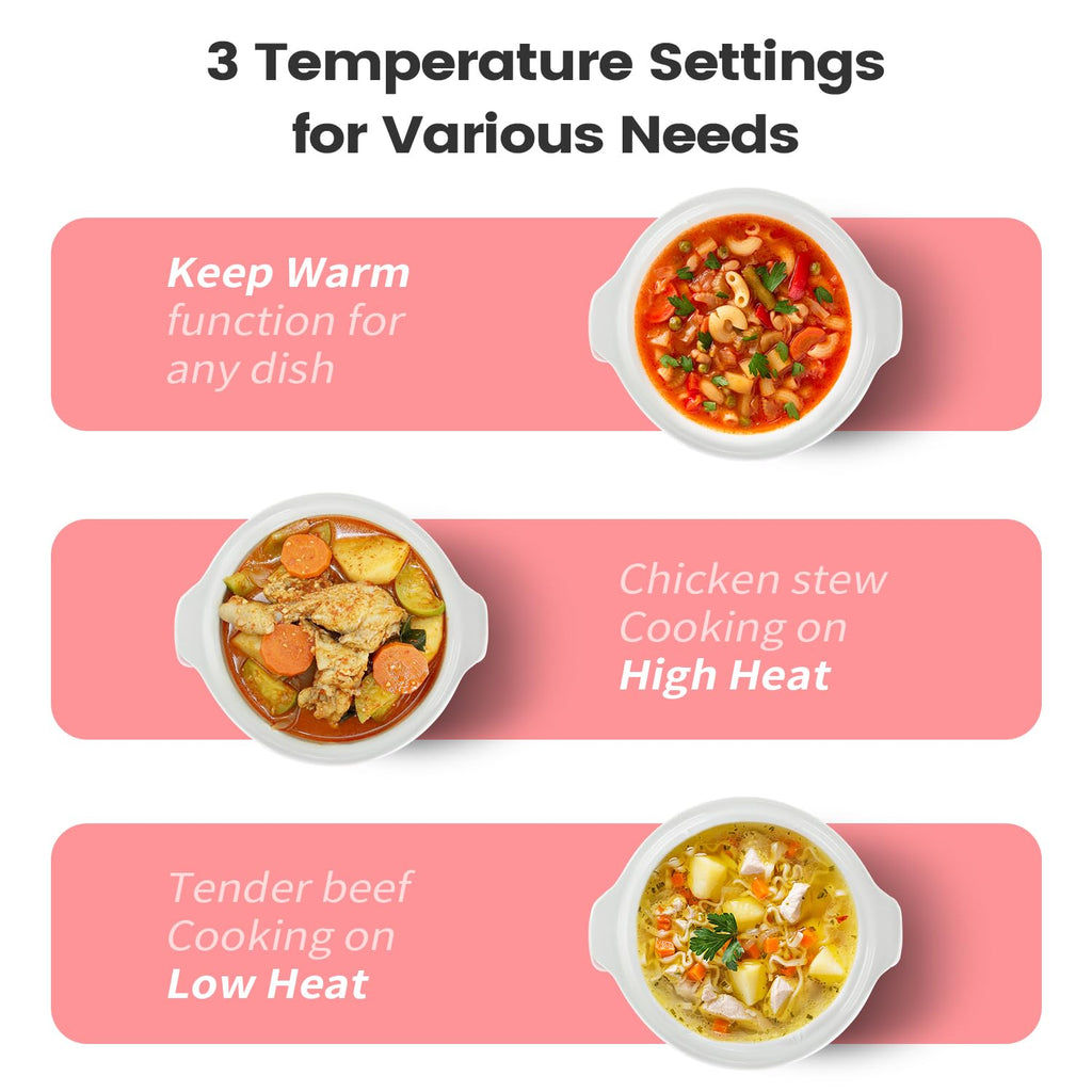 KOOC Small Slow Cooker, 2-Quart, Free Liners Included for Easy Clean-up, Upgraded Ceramic pot, Adjustable Temp, Nutrient Loss Reduction, Stainless Steel, Pink, Round