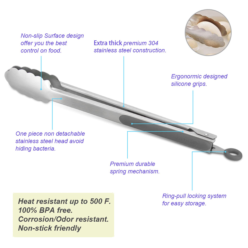 304 Stainless Steel Kitchen Cooking Tongs, 14 & 16 Inch, Set of 2, Grey