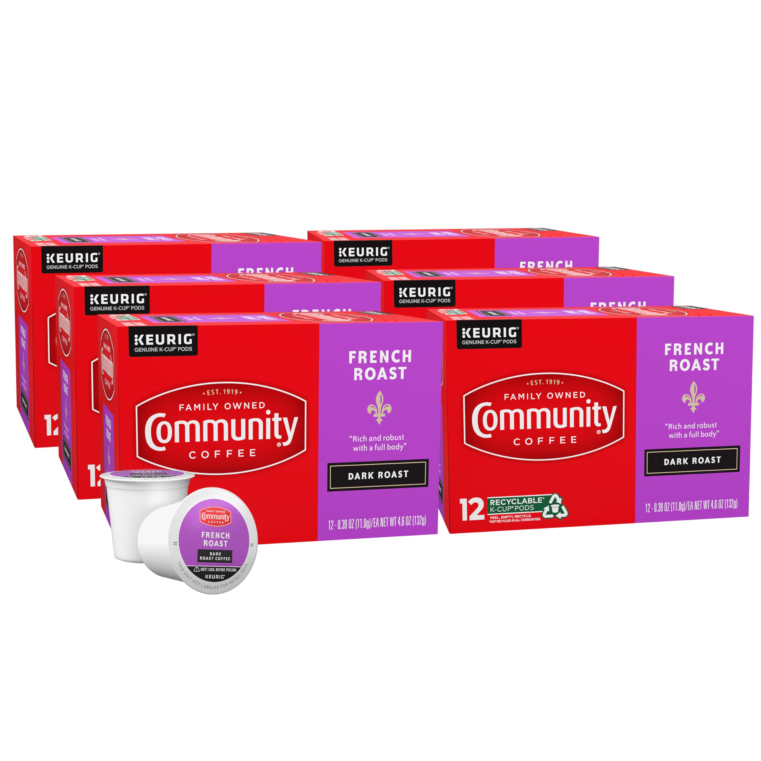 Community Coffee French Roast 72 Count Coffee Pods, Extra Dark Roast, Compatible with Keurig 2.0 K-Cup Brewers, 12 Count (Pack of 6)