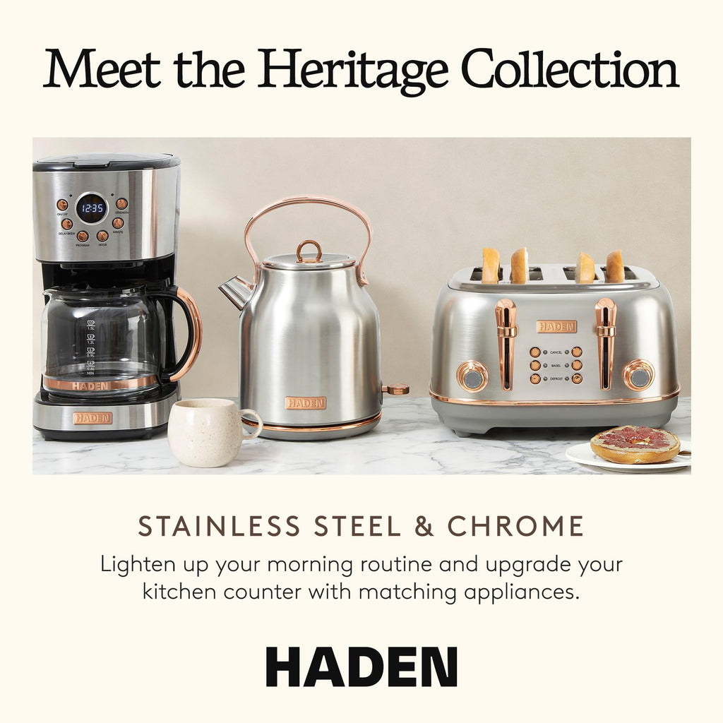 Haden Heritage 4 Slice Wide Slot Stainless Steel Toaster Bundled with 1.7 Liter Stainless Steel Electric Water Kettle, Steel & Copper