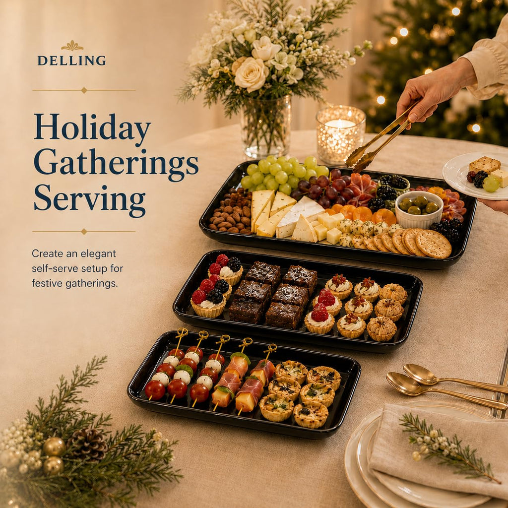 DELLING Large Serving Platter Set of 3, 16/14/12 Inch Porcelain Serving Trays for Party - Black Ceramic Rectangular Platters for Entertaining,Platter for Thanksgiving Christmas, Dishwasher Oven Safe