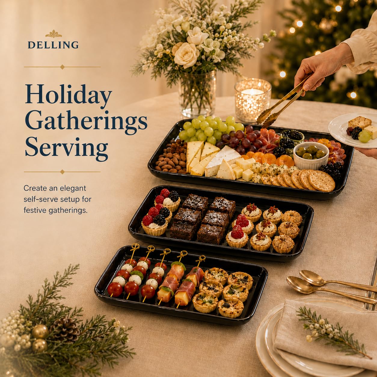 DELLING Large Serving Platter Set of 3, 16/14/12 Inch Porcelain Serving Trays for Party - Black Ceramic Rectangular Platters for Entertaining,Platter for Thanksgiving Christmas, Dishwasher Oven Safe