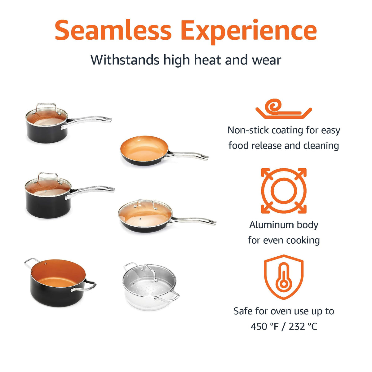 Amazon Basics Ceramic Nonstick Cookware Set, Induction Ready, Dishwasher & Oven Safe, Even Heating, 10-Piece Set with Frying Pans, Saucepans, Glass Lids, Copper Color